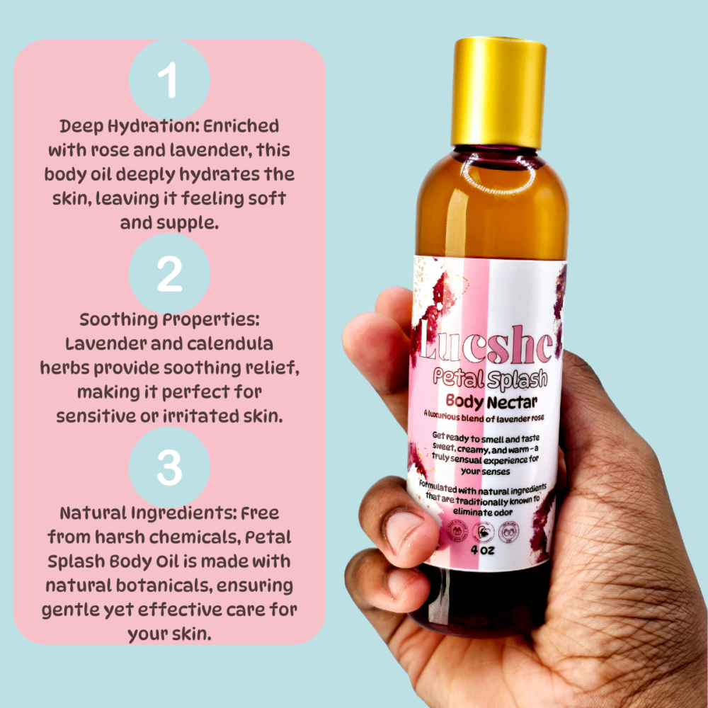 Elevate your self-care routine with the enchanting blend of rose, lavender, hibiscus, and calendula herbs in Petal Splash Body Oil, and let your skin bask in the beauty of nature's finest botanicals.